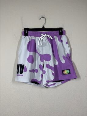 Slunks Mens Size Small Volleyball Trunks Purple White Drawstring Waist Abstract